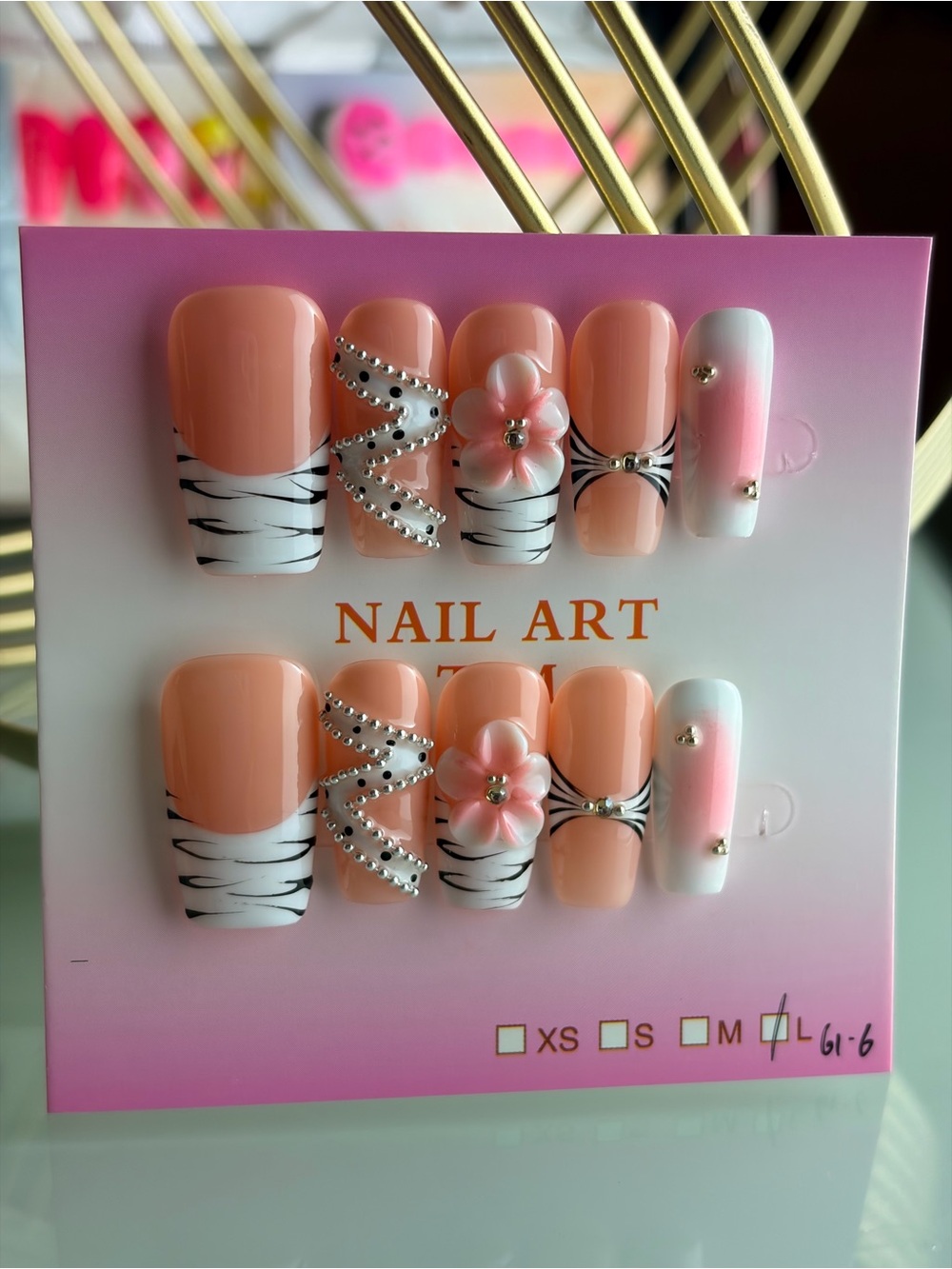 Peach & White Floral Zebra Press-On Nails with Rhinestones Large